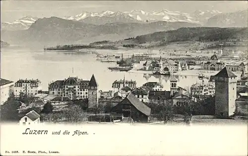 Ak Luzern Stadt Schweiz, Panoramablick über die Stadt auf die Alpen