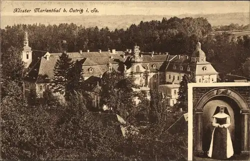Ak Ostritz in der Oberlausitz, Blick auf das Kloster Marienthal, Nonne in Kluft
