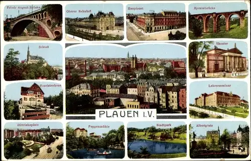 Ak Plauen im Vogtland, Bahnhof, Post, Theater, Seminar, Albertplatz, Stadtpark, Poppenmühle, Schloss