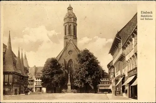 Ak Einbeck in Niedersachsen, Marktkirche und Rathaus, Geschäft W. Riechers