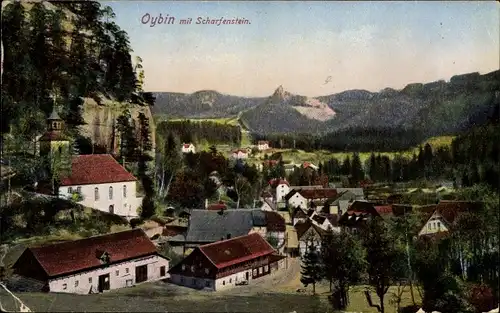 Ak Oybin in Sachsen, Panorama vom Ort mit Scharfenstein