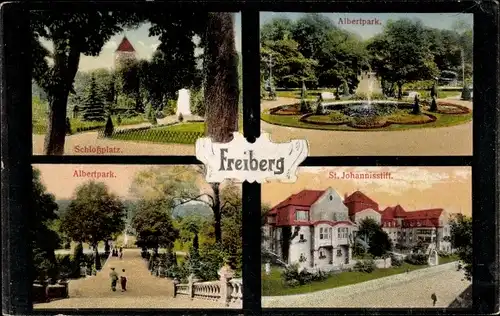 Ak Freiberg im Kreis Mittelsachsen, Schlossplatz, Albertpark, St. Johannisstift