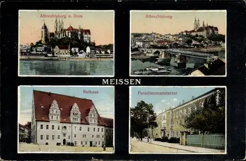 Passepartout Ak Meißen in Sachsen, Albrechtsburg und Dom, Rathaus, Porzellanmanufaktur