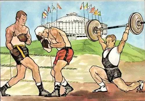 Künstler Ak Zurli, XVII. Olympische Spiele 1960 in Rom, Boxer, Gewichtheber