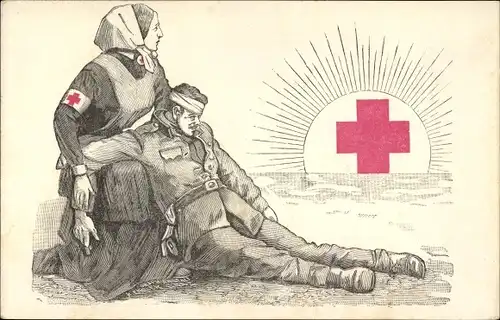 Künstler Ak Verwundeter Soldat, Krankenschwester, Rotes Kreuz