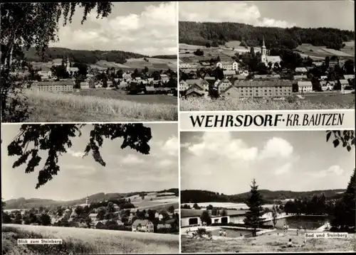 Ak Wehrsdorf Sohland an der Spree, Totalansicht der Ortschaft, Steinberg, Freibad