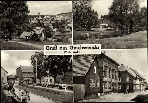 Ak Geschwenda im Thüringer Wald, Totalansicht der Ortschaft, Teich, Straßenpartie, Häuser