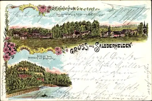 Litho Salzderhelden Einbeck Niedersachsen, Panorama von der Saline aus, Burg Heldenburg, Mühlenplatz