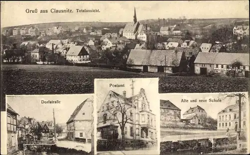 Ak Clausnitz Rechenberg Bienenmühle, Totale, Dorfstraße, Postamt, alte u. neue Schule
