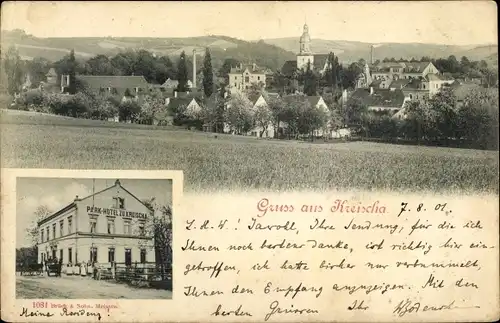 Ak Kreischa im Erzgebirge, Gesamtansicht mit Kirche, Umgebung, Parkhotel, Kutschen