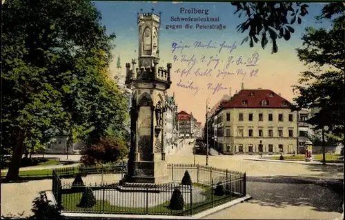 Ak Freiberg im Kreis Mittelsachsen, Blick auf das Schweden Denkmal und die Peterstraße