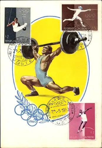 Künstler Ak XVII. Olympische Spiele 1960 in Rom, Gewichtheber, Briefmarken San Marino