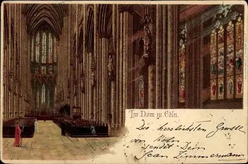 Litho Köln am Rhein, Innenansicht vom Kölner Dom, Gläubige und ein Pfarrer