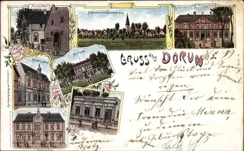 Litho Dorum Wurster Nordseeküste Landkreis Cuxhaven, Meyer's Hotel, Volksschule, Apotheke, Postamt