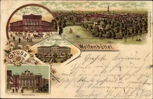 Litho Wolfenbüttel in Niedersachsen, Lehrerseminar, Herzogl. Gymnasium, Garnisonkirche, Totale