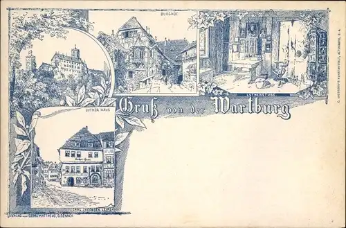 Litho Lutherstadt Eisenach in Thüringen, Gruß von der Wartburg, Lutherhaus, Burghof