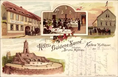 Litho Kelbra im Kreis Mansfeld Südharz, Hotel Goldene Sonne, Inh. Bruno Möhlau