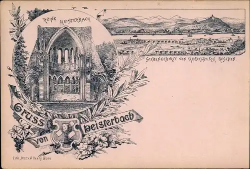 Vorläufer Litho Königswinter Rhein, Ruine Heisterbach, Siebengebirge von Godesberg gesehen