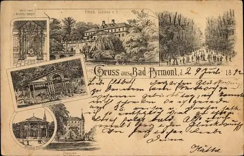 Vorläufer Litho Bad Pyrmont in Niedersachsen, Brunnentempel, Fürstl. Schloss, Helenenquelle, Fontäne