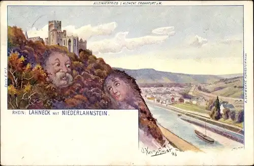 Künstler Ak Kretzschmar, O., Lahnstein im Rhein Lahn Kreis, Lahneck, Niederlahnstein, Berggesichter