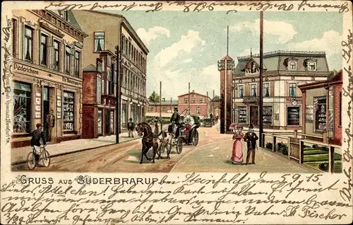 Litho Süderbrarup in Schleswig Holstein, Straßenpartie, Geschäfte Diederichsen, Th. Thomsen