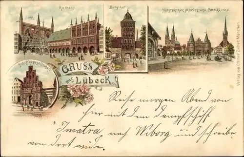 Vorläufer Litho Lübeck in Schleswig Holstein, Rathaus, Burgtor, Holstentor, Marien- und Petrikirche