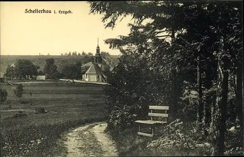 Ak Schellerhau Altenberg im Erzgebirge, Blick auf Ortschaft und Umgebung, Spazierweg