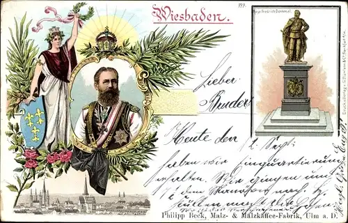 Wappen Litho Wiesbaden in Hessen, Kaiser Friedrich Denkmal, Kaiser Friedrich III., Portrait