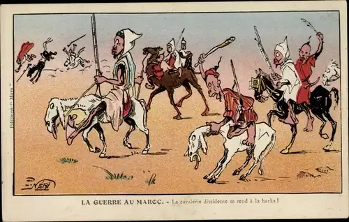 Künstler Ak La Guerre au Maroc, La cavalerie dissidente se rend à la harka, Karikatur