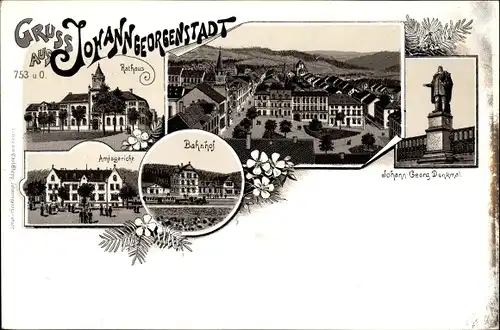 Litho Johanngeorgenstadt im Erzgebirge Sachsen, Rathaus, Bahnhof, Amtsgericht, Johann Georg Denkmal