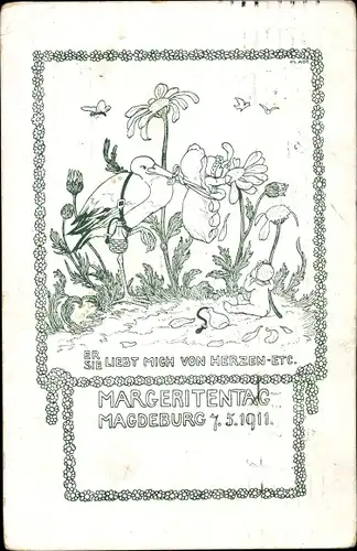 Künstler Ak Magdeburg in Sachsen Anhalt, Margeritentag am 07.05.1911, Storch mit Neugeborenen