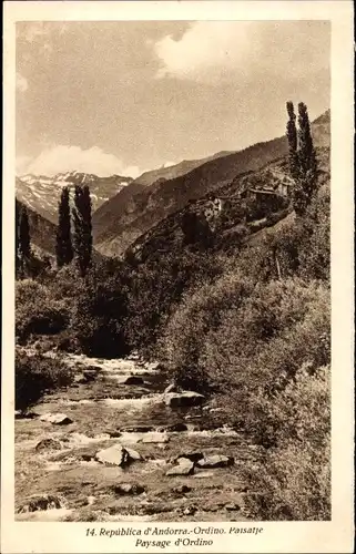 Ak Andorra, Paysage d'Ordino, Flusspartie mit Landschaftsblick