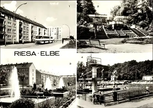 Ak Riesa an der Elbe Sachsen, Dresdner Straße, Freitreppe im Stadtpark, Neubauten, Freibad