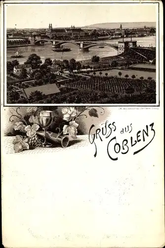 Vorläufer Litho Koblenz in Rheinland Pfalz, Ansicht der Stadt, Brücke