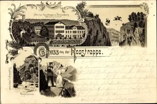 Litho Thale im Harz, Gruß von der Rosstrappe, Hotel zur Rosstrappe mit Winzenburg