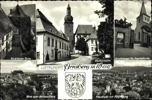 Wappen Ak Arnsberg im Hochsauerlandkreis, grüner Turm, Glockenturm, Hirschberger Tor, Kirche, Stadt