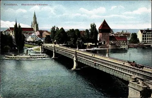 Ak Konstanz am Bodensee, Blick auf die Rheinbrücke und Münster