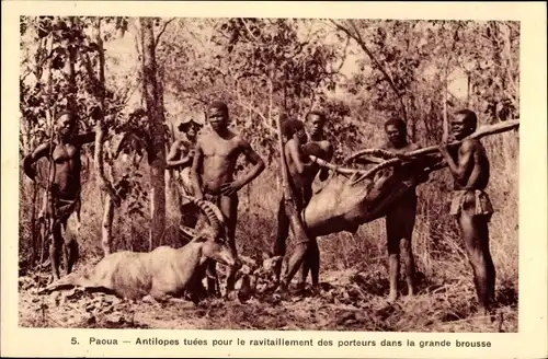 Ak Paoua, Antilopes tuées pour le ravitaillement des porteurs dans la grande brousse, Antilopenjagd