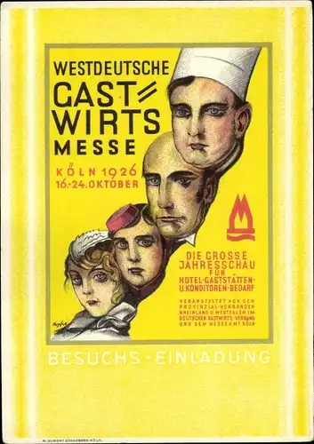 Künstler Ak Köln am Rhein, Westdeutsche Gastwirts Messe 1926, Koch, Butler, Hotelpage, Dienstmädchen