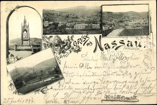 Vorläufer Ak Nassau im Rhein Lahn Kreis, Flusspartie mit Blick auf die Stadt, Denkmal