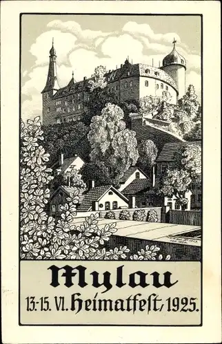 Künstler Ak Mylau Reichenbach im Vogtland, VI. Heimatfest 1925, Blick zur Burg