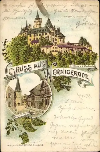 Vorläufer Litho Wernigerode am Harz, Westerntor, Schloss von der Westseite