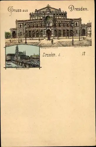 Litho Dresden, Augustusbrücke, Königl. Hof Theater