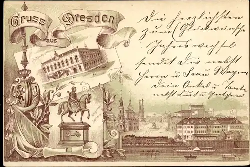 Litho Dresden, Johanneum, König Johann Denkmal, Wappen, Teilansicht der Stadt