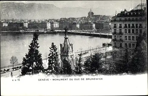 Ak Genève Genf Stadt, Monument du Duc de Brunswick, Blick auf ein Denkmal, Grand Hotel