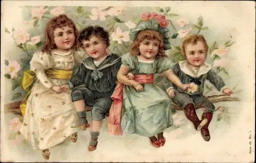 Litho Zwei Jungen und zwei Mädchen auf einem Blütenast