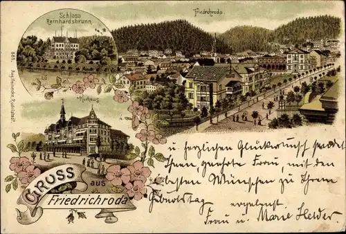 Litho Friedrichroda im Thüringer Wald, Schloss Reinhardsbrunn, Kurhaus, Panorama vom Ort, Blüten