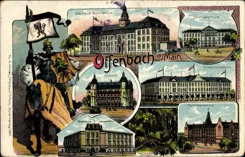 Litho Offenbach am Main Hessen, Gymnasium, Schloss, Technische Lehranstalt, Friedrich Schule, Ritter