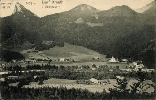 Ak Kreuth am Tegernsee Oberbayern, Stadtpanorama, Gebirgskette, Leonhardspitze