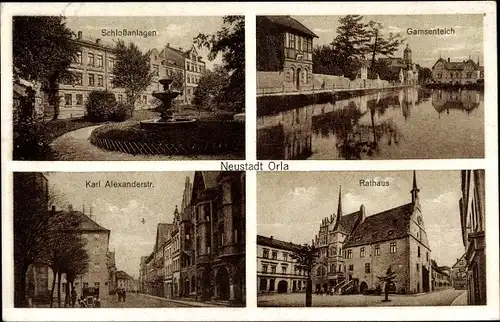 Ak Neustadt an der Orla, Schlossanlagen, Gamsenteich, Karl Alexander Straße, Rathaus